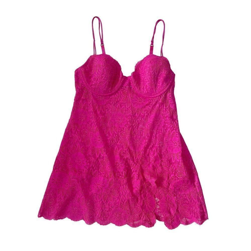 Vintage Victoria’s Secret Y2K hot pink lace cupped mini slip dress 36C